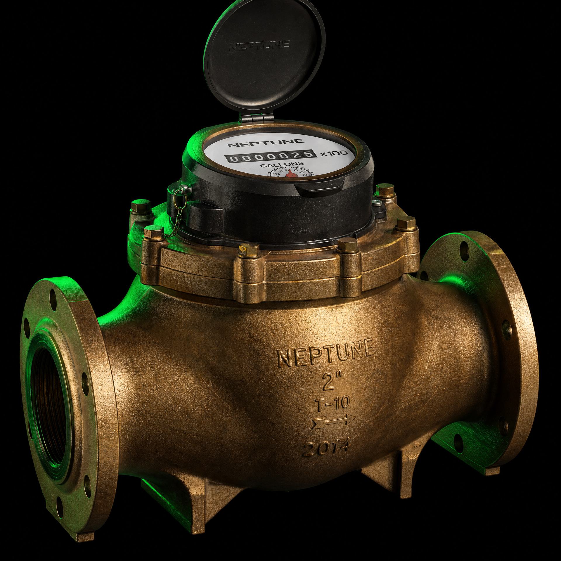 Large 2-inch commercial brass water meter 3D render