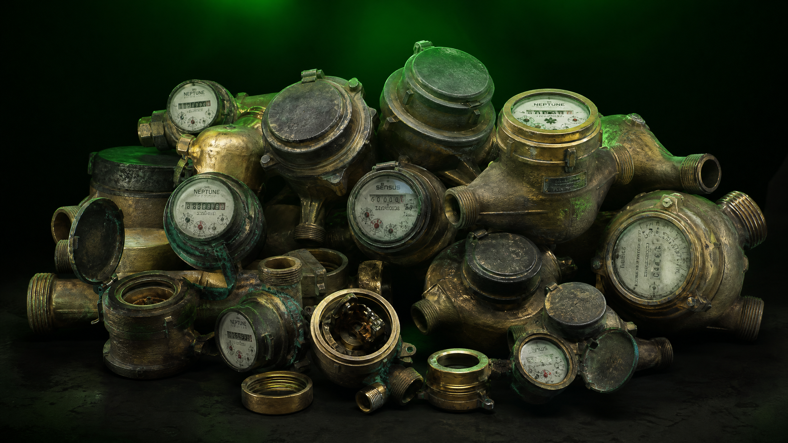 Pile of scrap brass water meters from various manufacturers